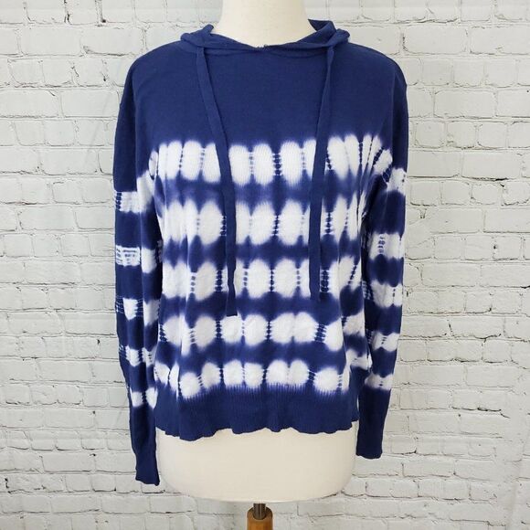 AQUA NWT Navy Blue & White Tie Dye Hooded Sweatshirt Top L - Picture 2 of 7